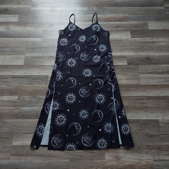 Celestial Sun Moon Star Print Midi Dress Large Goth Witch Fairy Zodiac Astrology - Picture 4 of 13